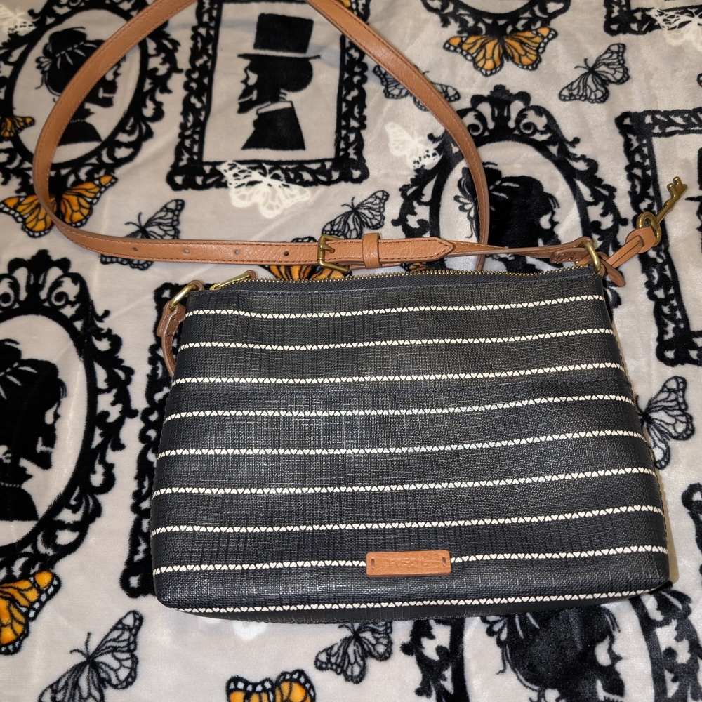 Fossil Black and White Striped Crossbody Bag